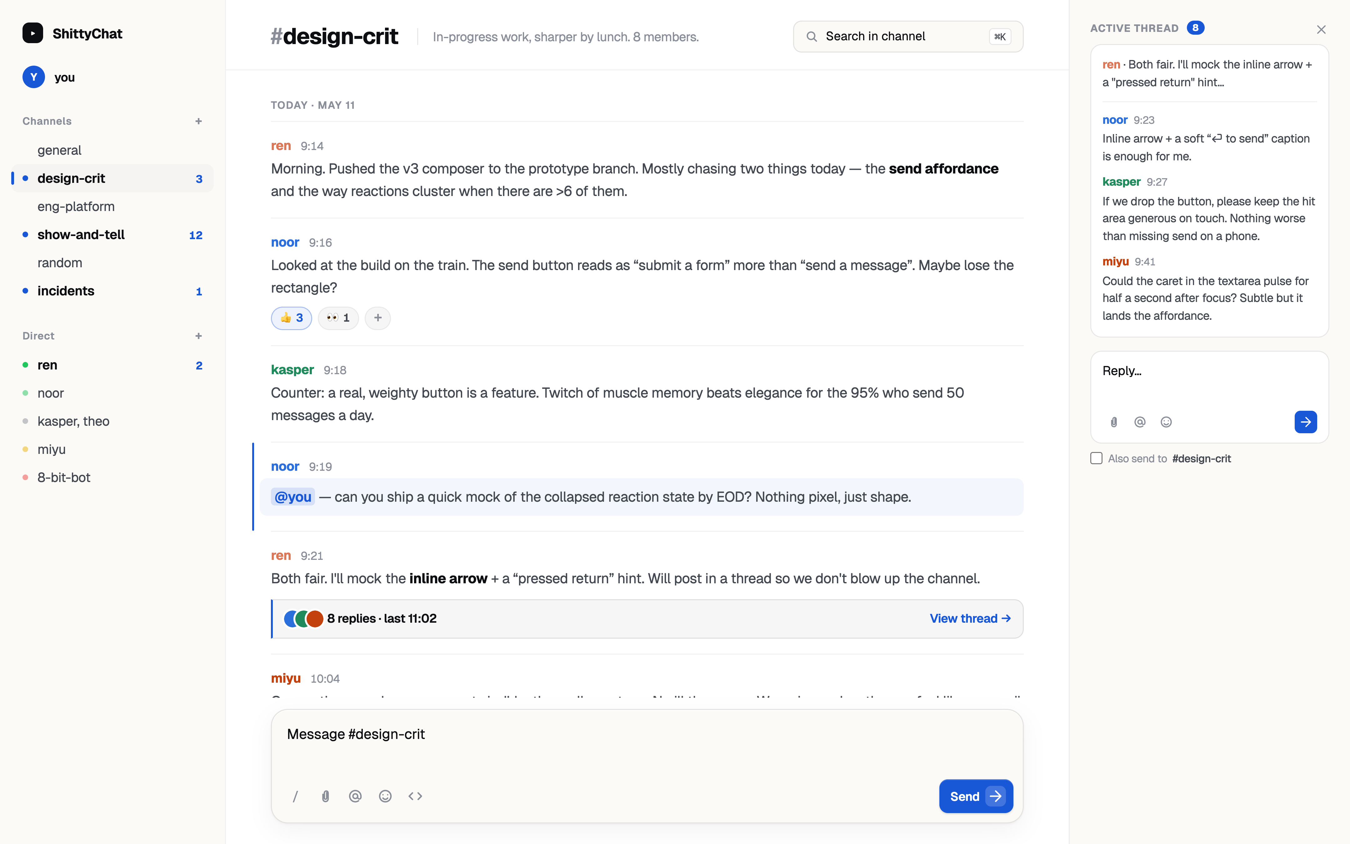 Bamlo interface showing channel navigation, message history, threads, search, and composer controls.